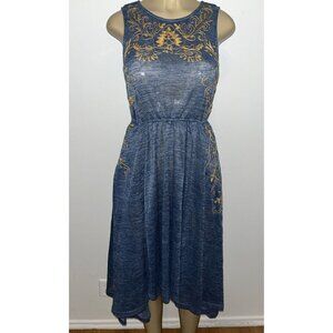 eShakti Embroidered Blue Midi Dress Sleeveless Size S